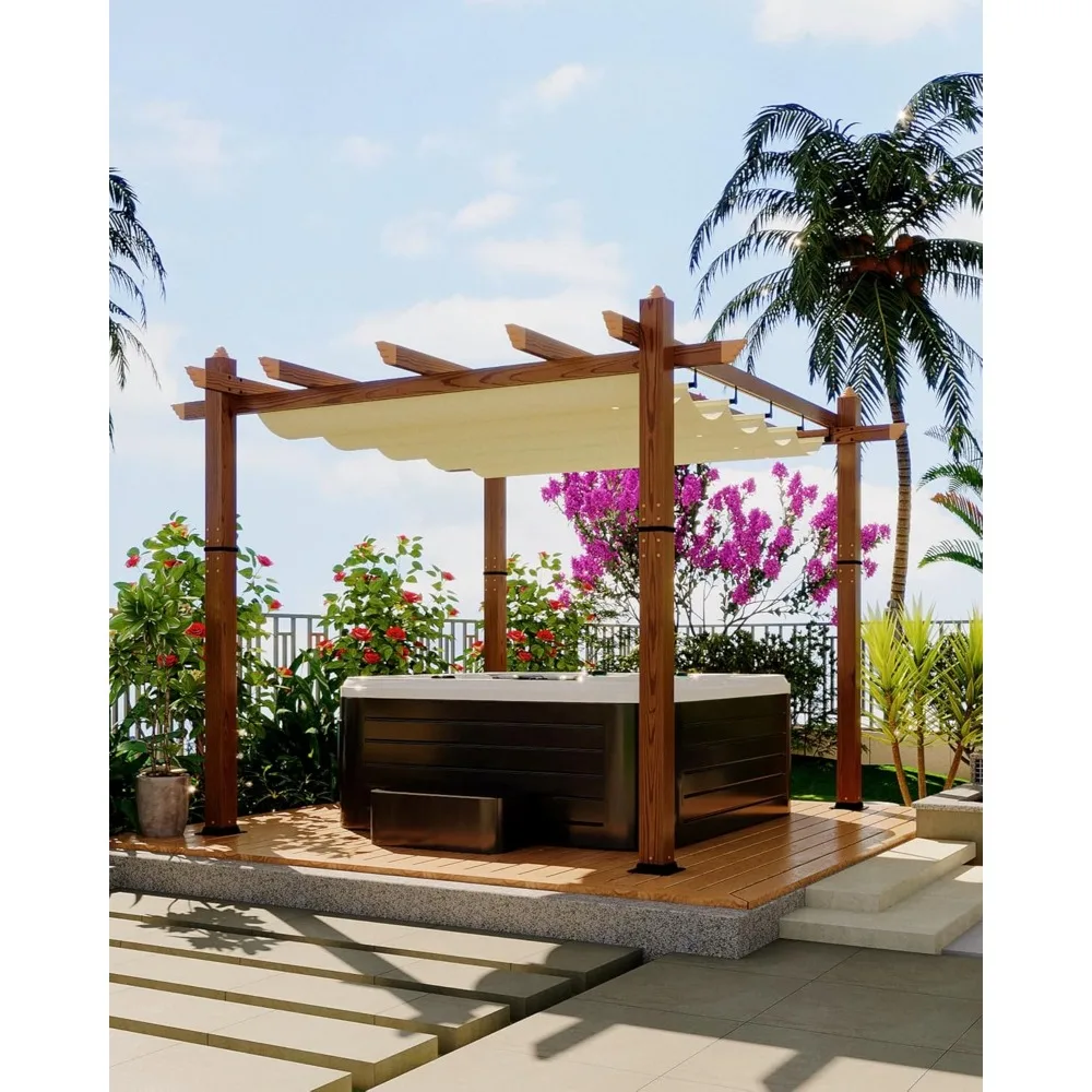 

10 x 10 Ft Wood-Grain Aluminum Pergola Outdoor Pergola with Canopy Sun Shade Shelter for Garden, Patio, Backyard, De