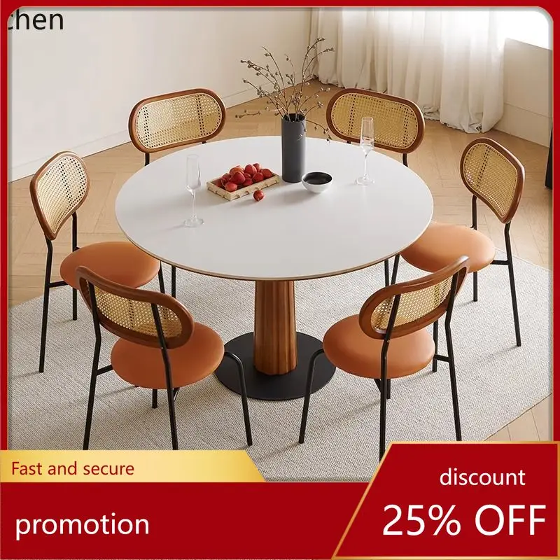 CZ Solid Wood Round Dining Table Small Round Table for Discussion, Simple Pure White Rock Board Dining Table and Chairs