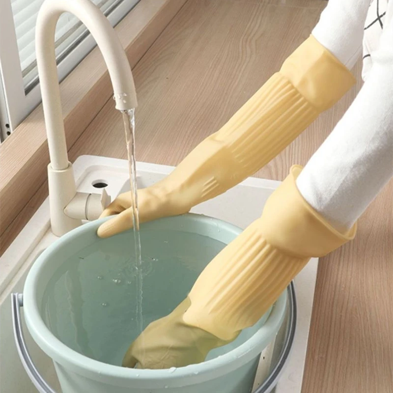 Rubber Latex Household Cleaning Gloves Reuseable Kitchen Cooking Dishwashing Gloves with Long Cuff Waterpoof Non-Slip