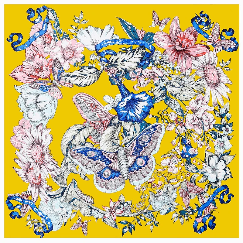 New Hand-painted Butterfly Flowers Scarfs 130cm Twill Silk Scarf Designer Silk Head Scarfs for Women Scarfs Women Luxury Shawls