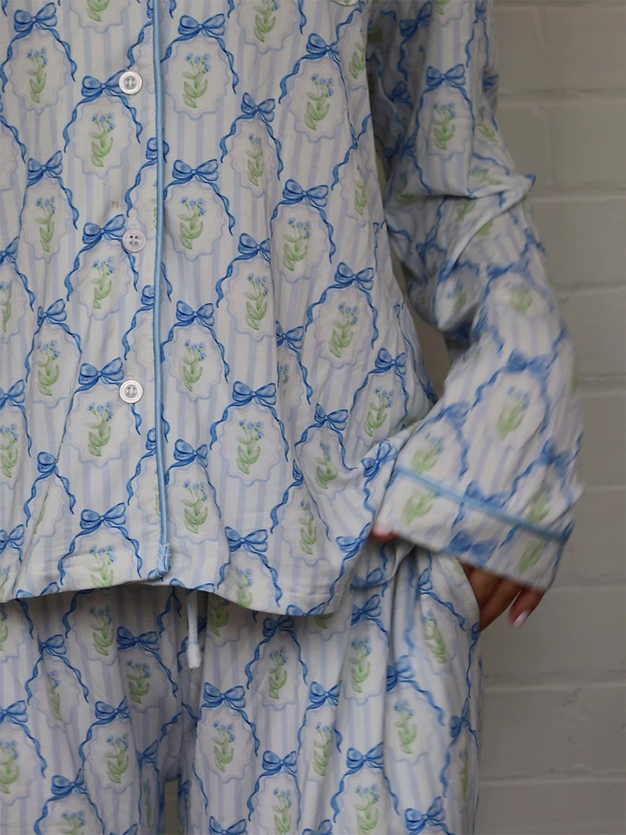 Женский комплект из двух предметов для отдыха с длинным рукавом, клетчатая рубашка с цветочным принтом, брюки, комплекты одежды для сна