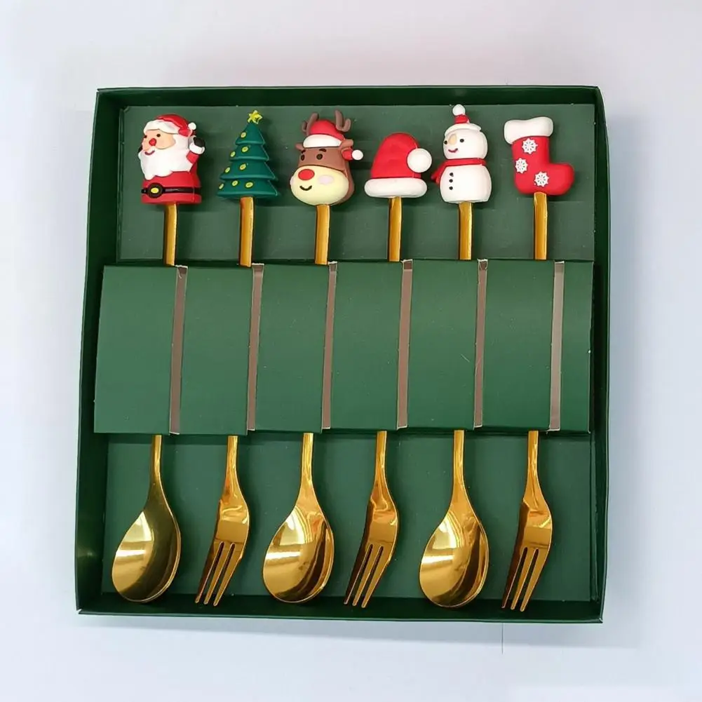 Reusable Christmas Spoons Festive Stainless Steel Christmas Spoon Fork Set with Gift Box Tree Santa Star Theme for Holiday