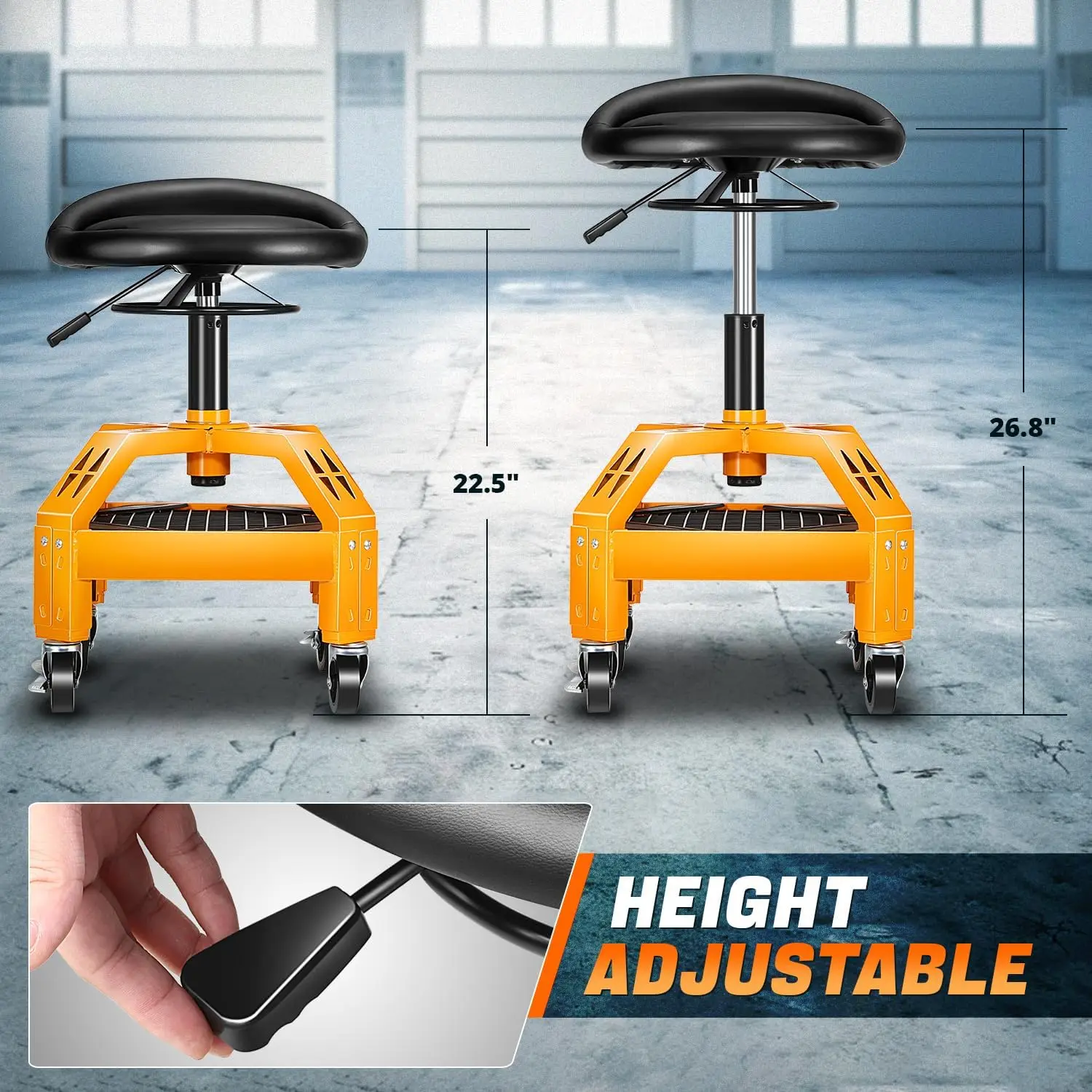 Rolling Padded Seat Adjustable Height Seat 330lbs Capacity Rolling Mechanic Creeper Stool, W/Tool Storage Drawer & Tray
