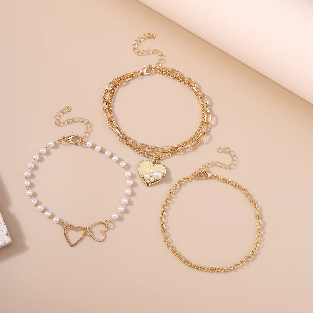 Aihua 3-teiliges Set Trendiges Goldfarbenes Ketten-Perlen-Herz-Armband für Damen, Modisches Mehrlagiges Armband & Armreif, Schmuckgeschenke – Detail 4