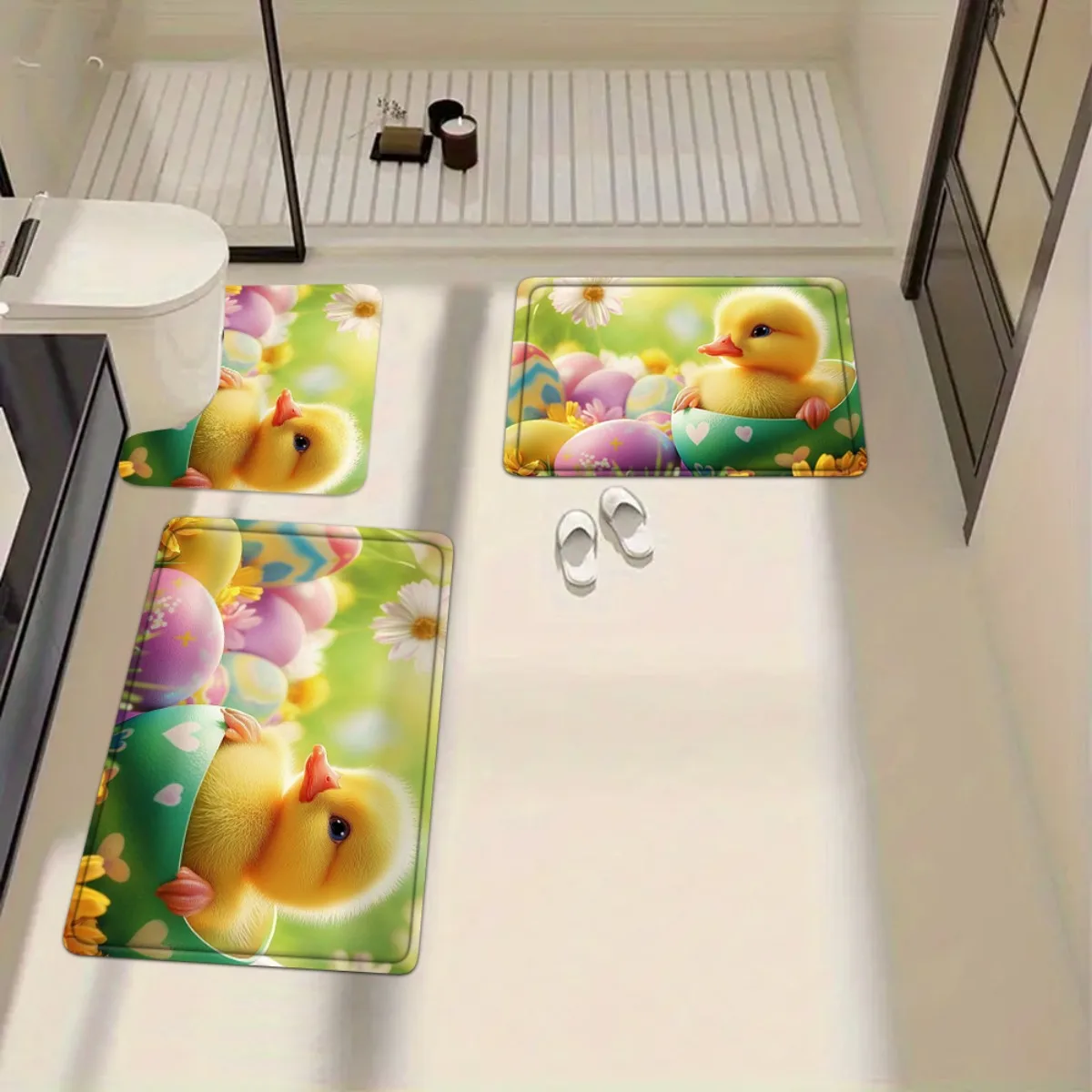 

Easter Yellow Duck Colorful Eggs 3PCS Bathroom Set Non Slip Toilet Lid Cover Floor Mat U Shaped Rug Home Decor