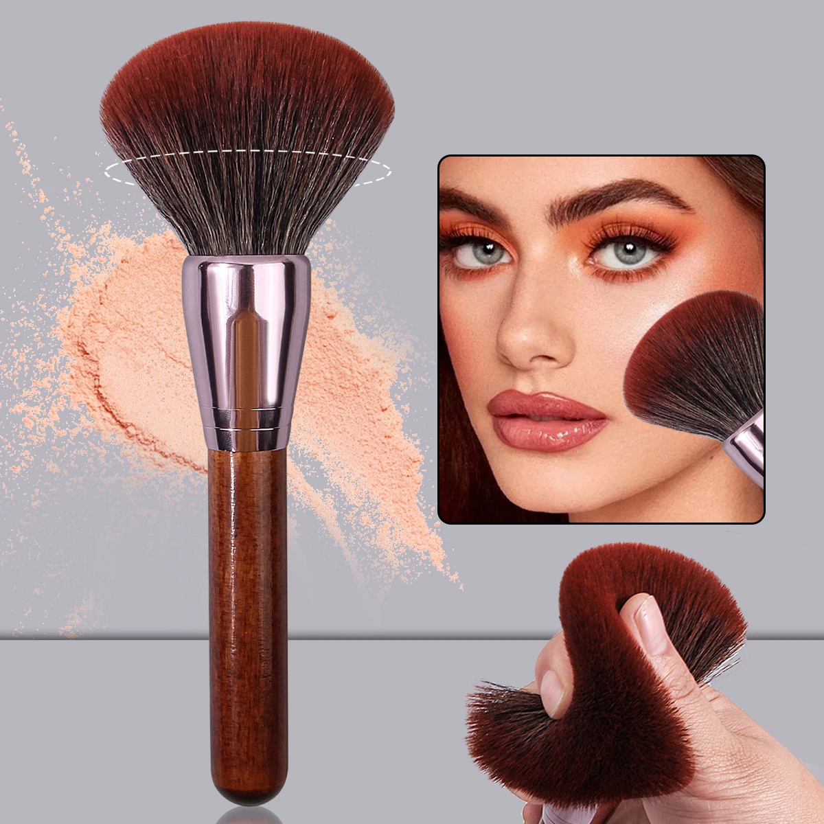 1 Piece of Super Large, Soft and Fluffy Wooden Handle Loose Brush, Multi-Functional Makeup Brush, Portable Travel Makeup Tool