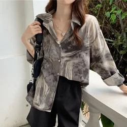 여름 셔츠 Y2K Women Shirt Tie-dye Print Harajuku Loose Female Shirts Long Sleeve Lapel Blouses Casual Streetwearлонгслив женский