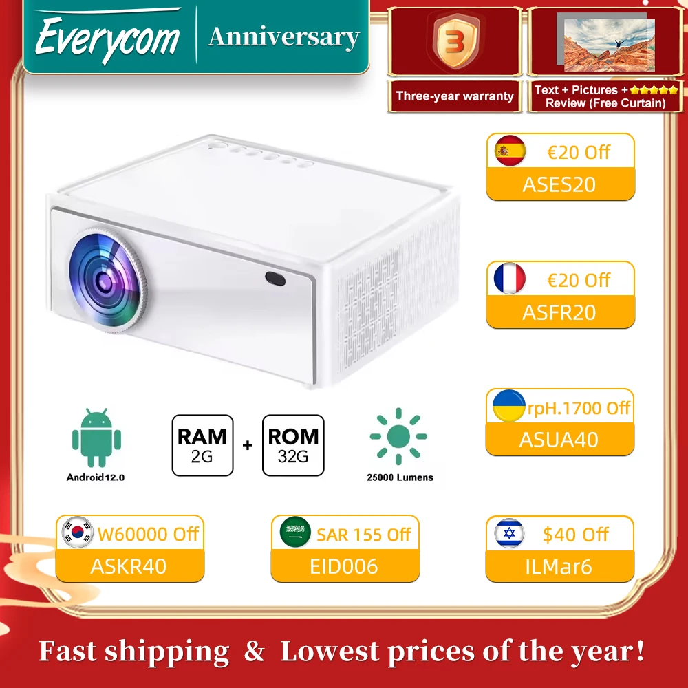 Everycom E700 Pro 2560x1440p 2K proyector 4K Android 12 Smart tv para el hogar proyector de haz LED con 2 + 32G 2,4/5G WIFI cine en casa