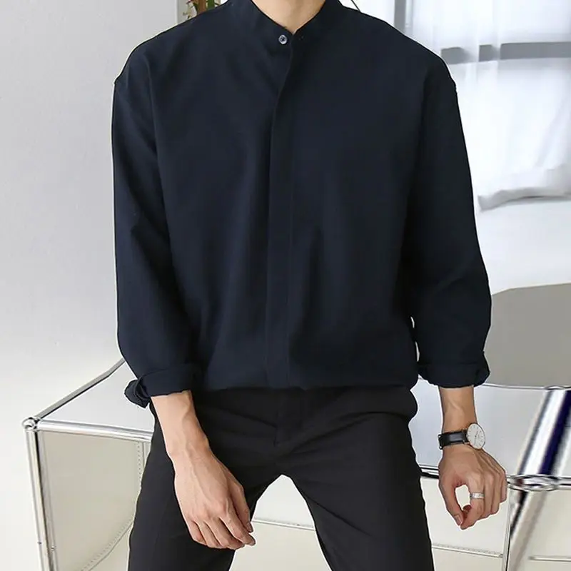 High-end Gray-blue Stand-up Collar Shirt for Men Very Elegant Drapey Korean Style Spring Autumn Casual Shirt with Mature Style.