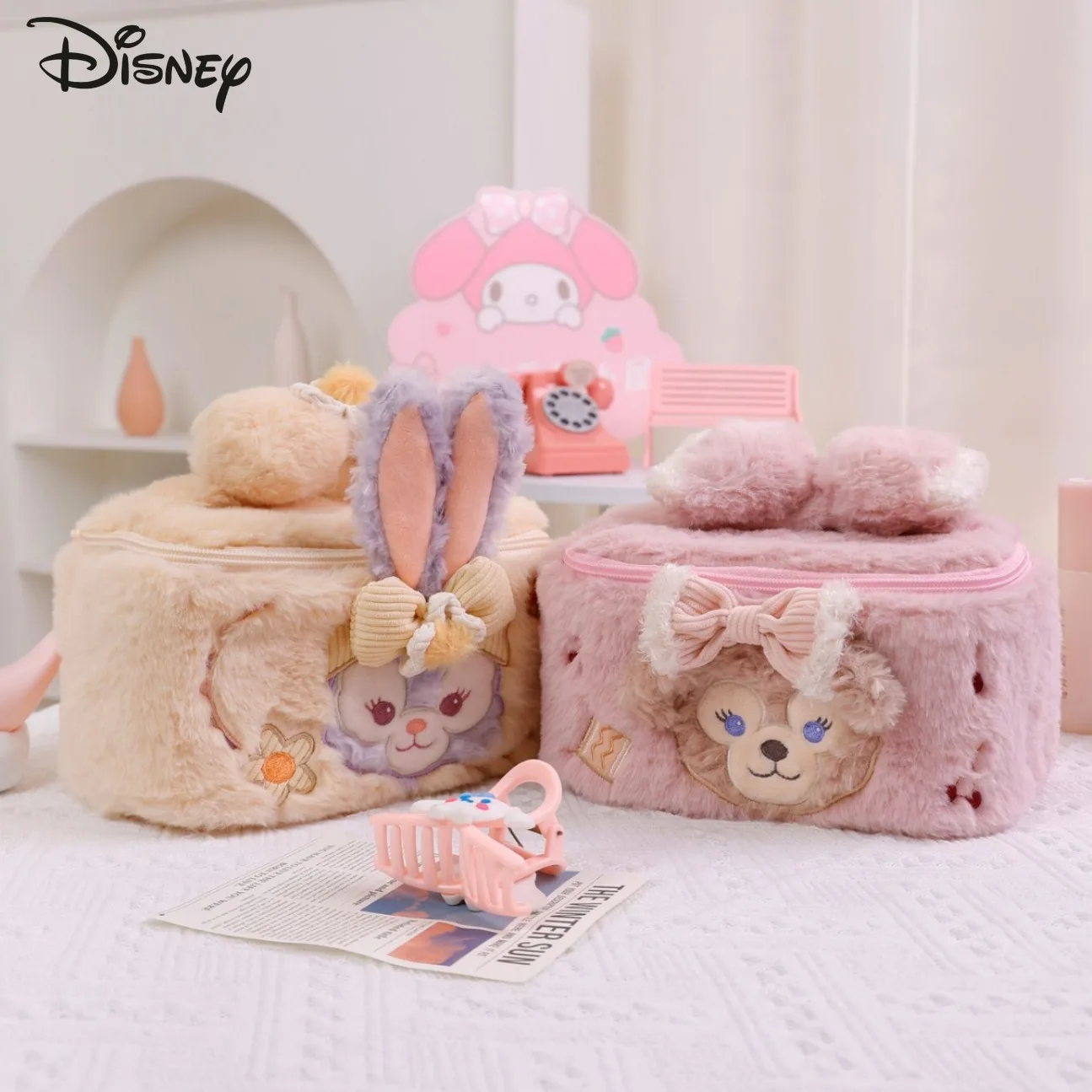 

Disney Cute Pink Sherley Plush Cosmetic Bag Soft Plush Material Decorative Bows Perfect for Makeup Storage on-the-Go Essentials