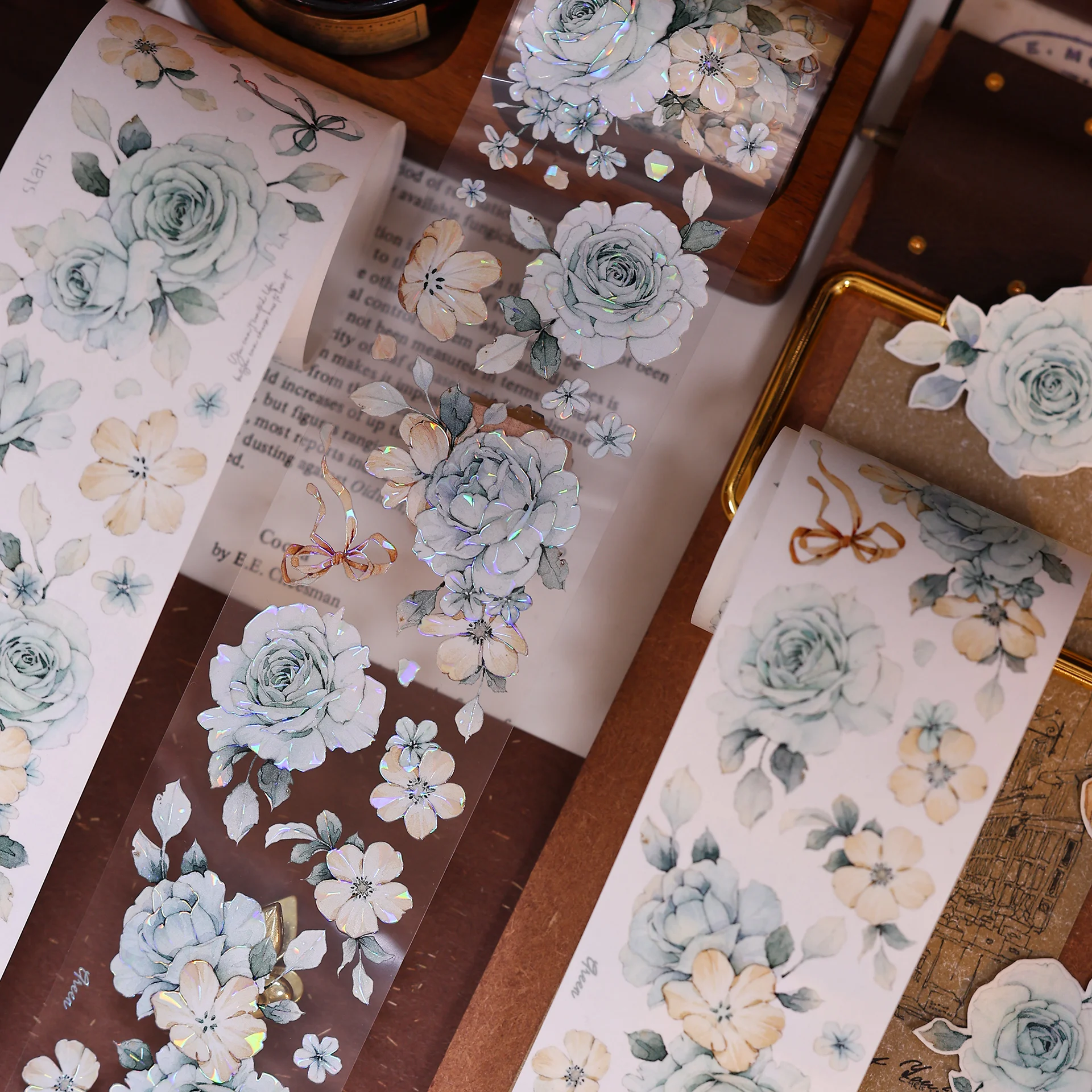 

XiaoBai Vintage Mint & Pink Floral PET Tape - Iridescent Shell Washi maste for Journaling ribbon