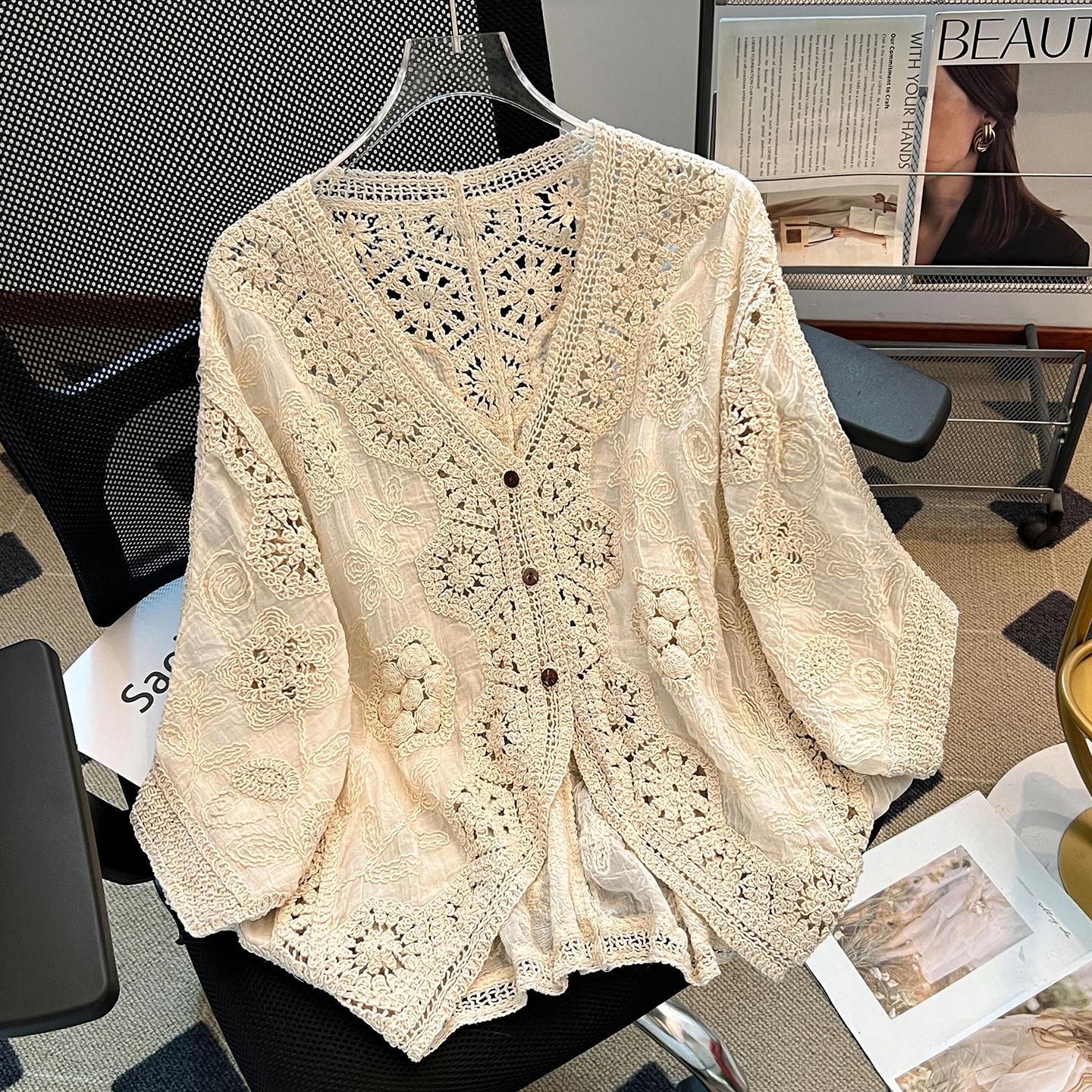 

V-Neck Knitted Open Cardigan Women's Summer Holiday Style Outerwear Batwing Sleeve Seven-Quarter Sleeve Top Lace Hollow out