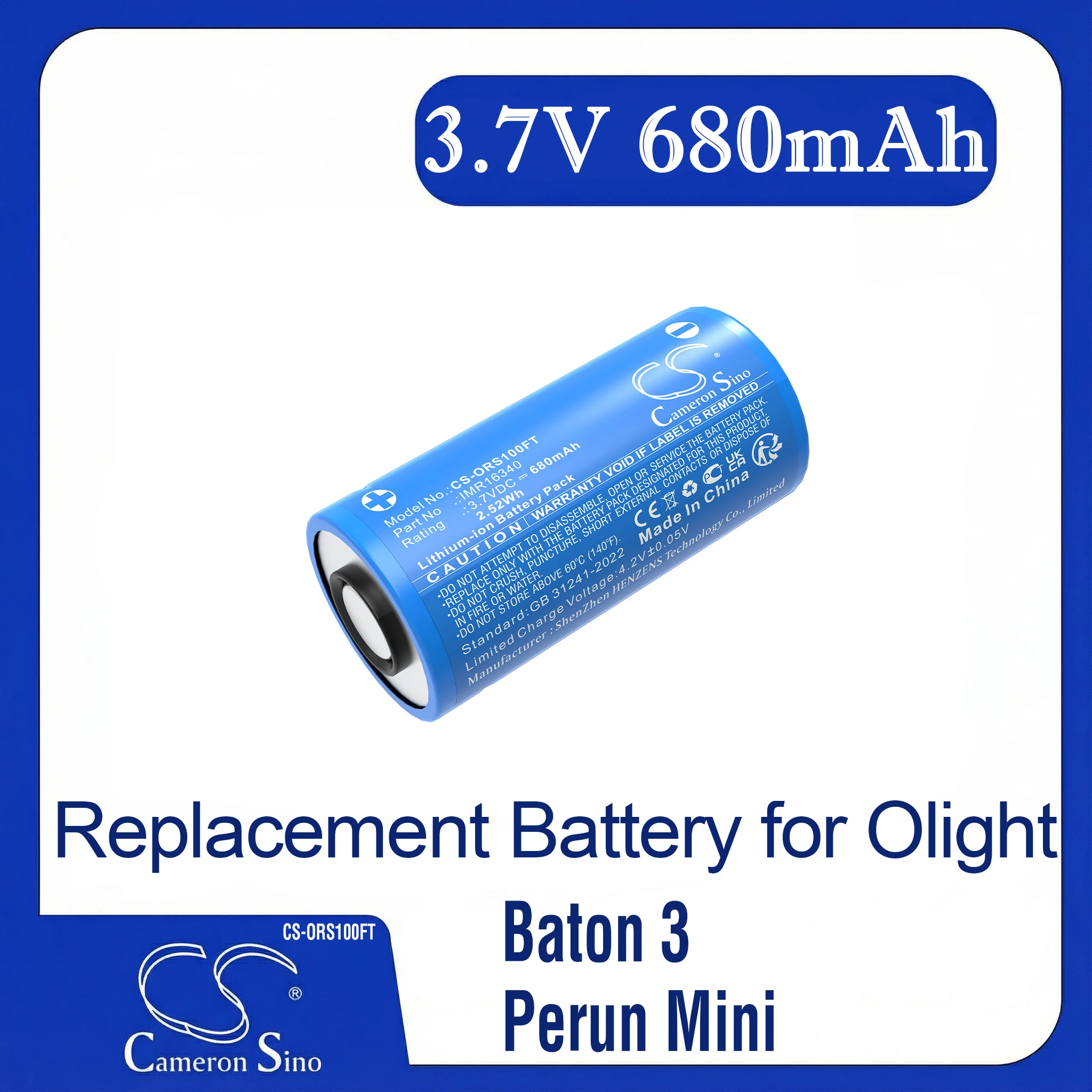 

Cameron Sino 16340 replacement Battery for Olight Baton 3 S1R Baton II Perun Mini Replacement ORB-16C05-10C 3.7V 680mAh