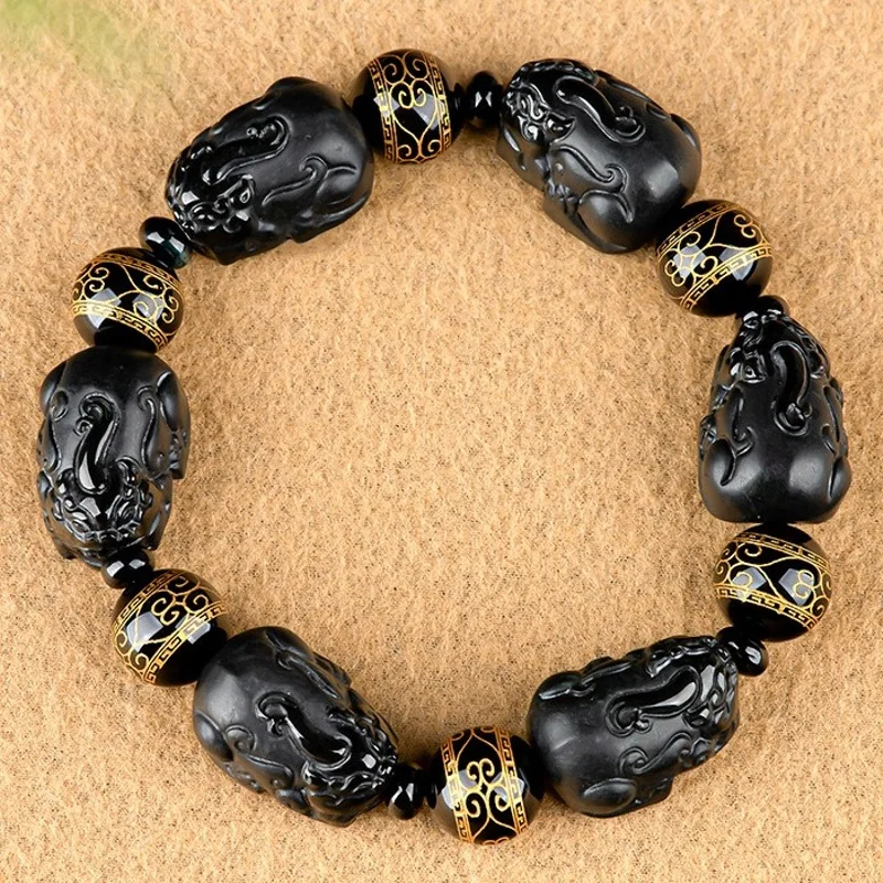 

Natural Grade A Jade Jadeite Men Lucky Black Pixiu Pattern Round Beads Bracelet