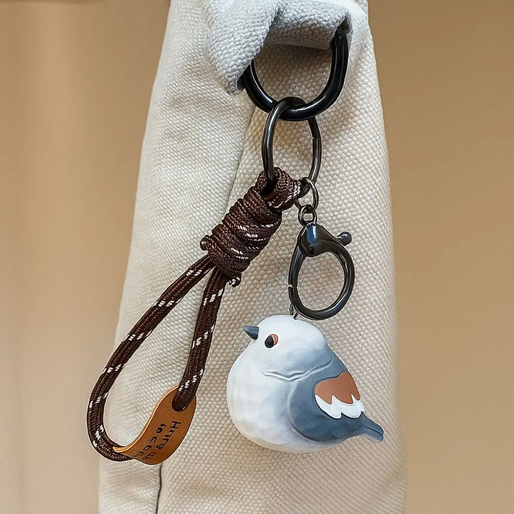 Cartoon Imitation Wood Carving Keychain Kawaii Grey Blue Tit Animal Key Ring Tree Sparrow Original Design Pearl Bird Keychain