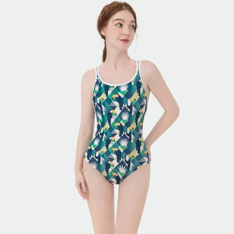 Women Flower Printed One-piece Racing Competition Swimsuit Fashion Sun Protection High Stretch Training Professional Swimwear 8Z