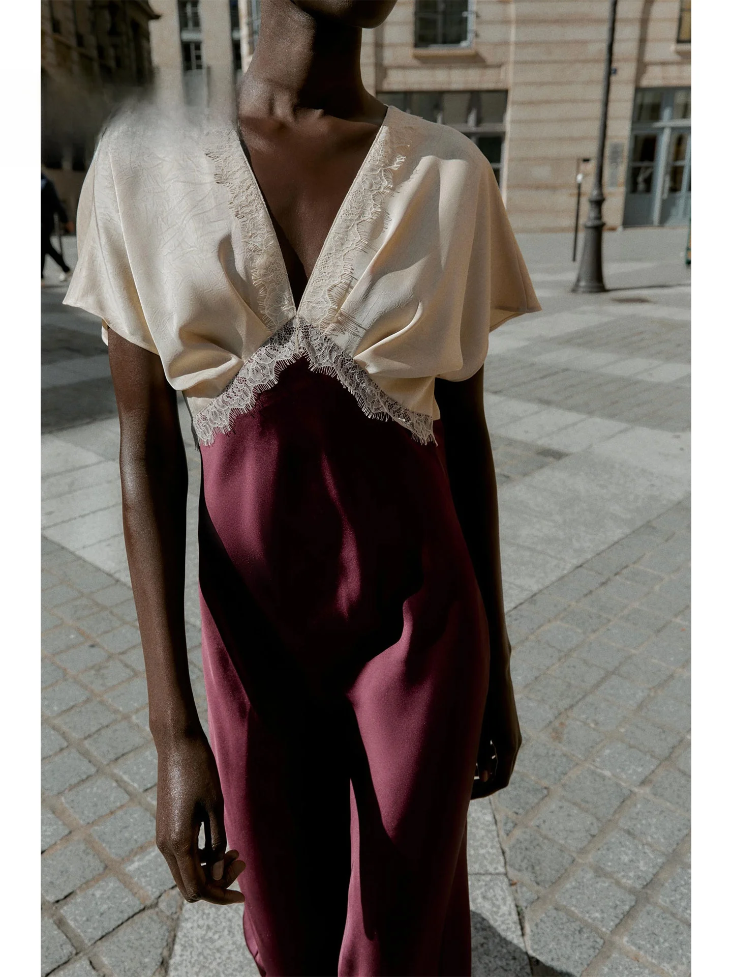 ZAPRHA2025 Autumn New Sle V-ne Lace Splicing Silk Satin Texture Midi Dr High Waist ort Sve Casual Ci Commute