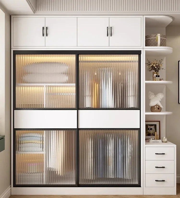 Wardrobe Home Bedroom Glass Solid Wood Sliding Door Cabinet Storage