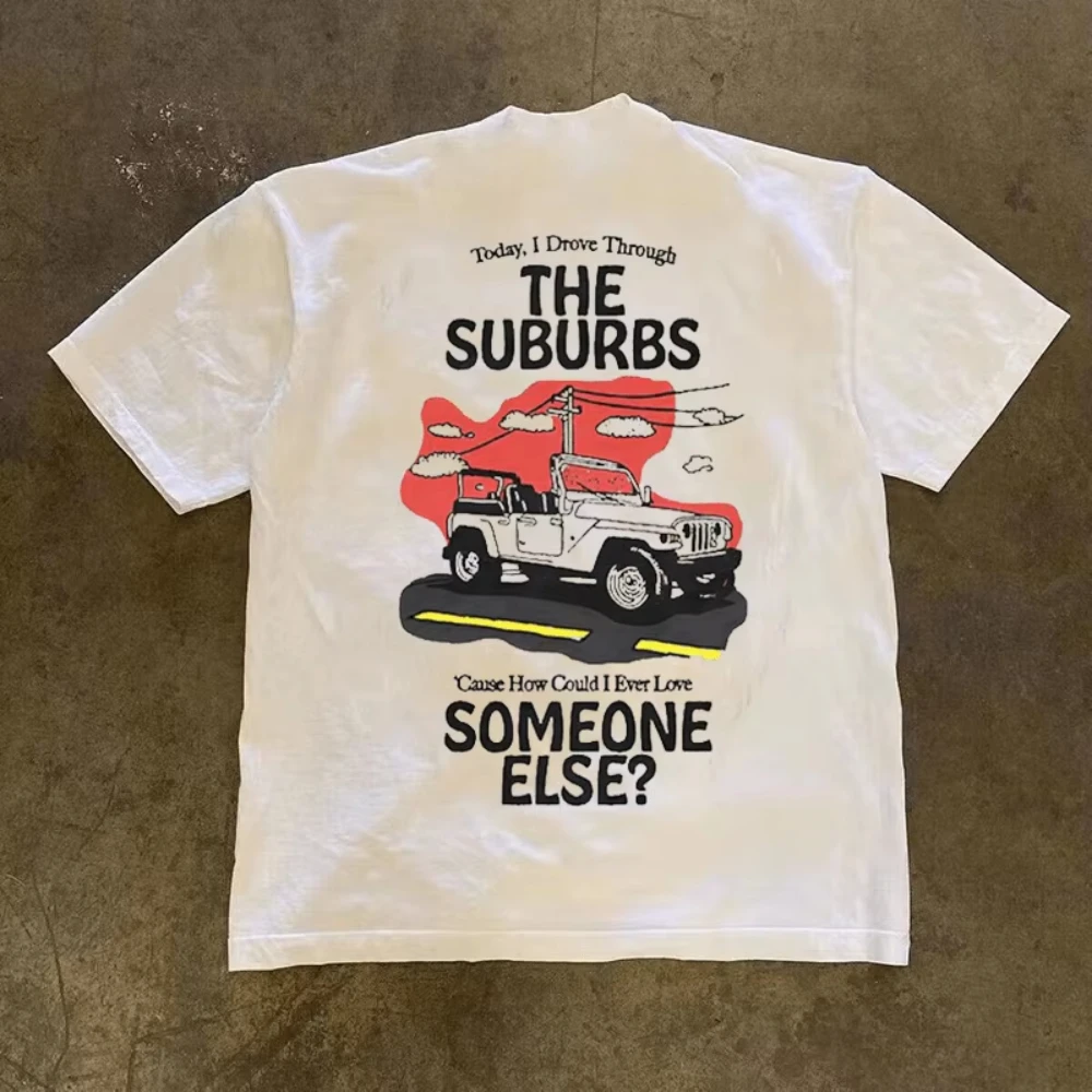 

New Pure Cotton Print Suburbs Jeep Casual Short-Sleeved Men's Daily Party Home Social T-Shirt Solid Color Vintage Streetwear