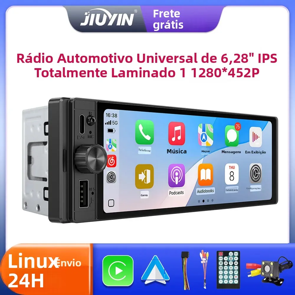 Jiuyin 1din 6.28 ''sem fio carplay android auto ips tela de toque universal rádio do carro fm estéreo mp5 multimídia gps player