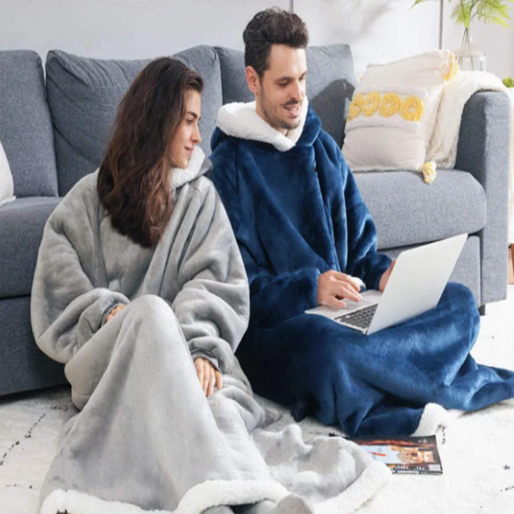 Super Long Flannel Blanket Pyjamas with Sleeves Winter Hoodies Sweatshirt Women Men Pullover Fleece Giant Oversized Outdoo