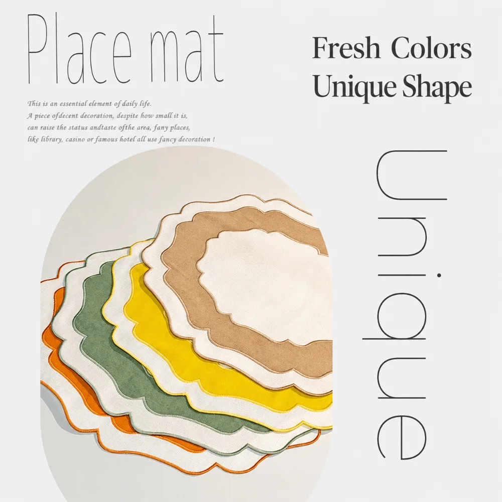Heat Insulation Scalloped Linen Placemat Wear Resistant Machine Washable Textured Dining Placemat Restaurant Use