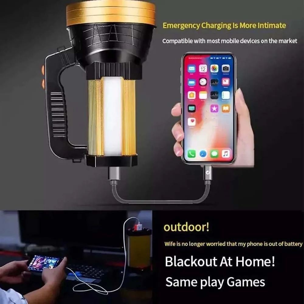 Anti-splash Water Camping Searchlight with Side Lights Dimmable Handheld Spotlight USB Rechargeable LED