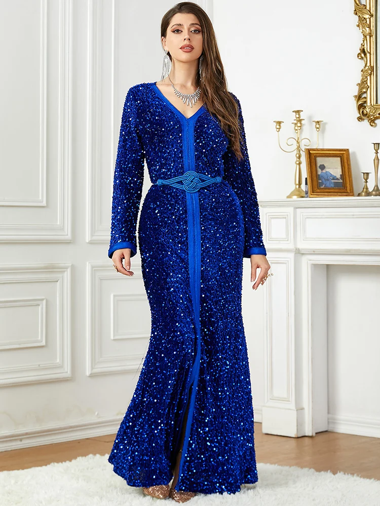 Ramadan Abaya Kaftan for Women Velvet Sequins Arabic Evening Dresses Muslim Dubai Gowns Moroccan Kaftan Eid Party Long Dress