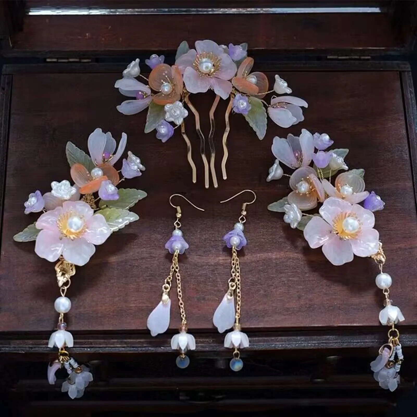 Vintage Hair Stick Earring Chinese Jewelry Sets For Women Floral Tassel Pearl Hair Clip Hairpin Fairy Tiaras Wedding Accessories