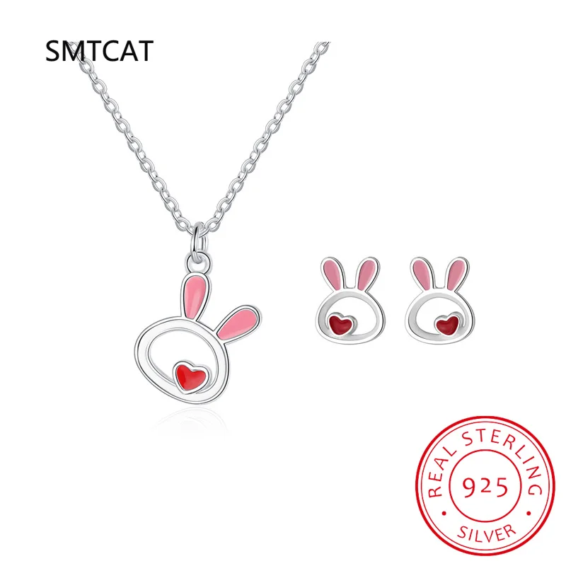 925 Sterling Silver Fine Jewelry Set Cute Animal Rabbit Necklace+Earring Two piece set joyas de plata For Women Girl Gift