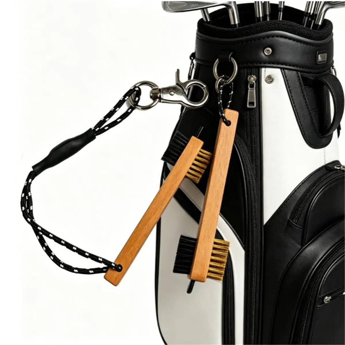 Wood Handle Golf Club Brush with Metal Groove Cleaner Pick Portable Golf Cleaning Tool with Carabiner Lanyard