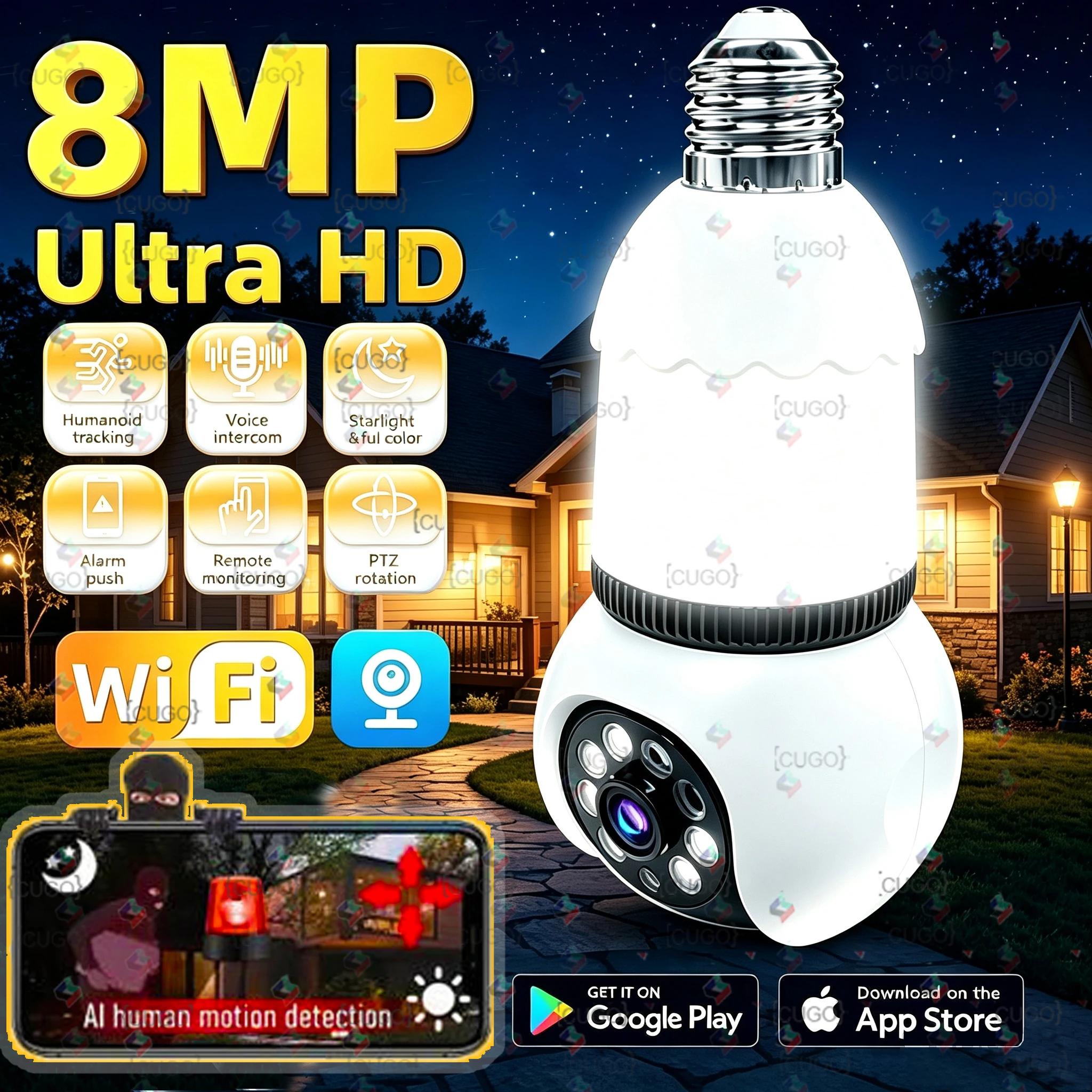 8MP Wireless Surveillance Cameras E27 Bulb WiFi Camera With LED Lights 2 in 1 IP Camera PTZ Human Detect Two-way Audio 10X Zoom