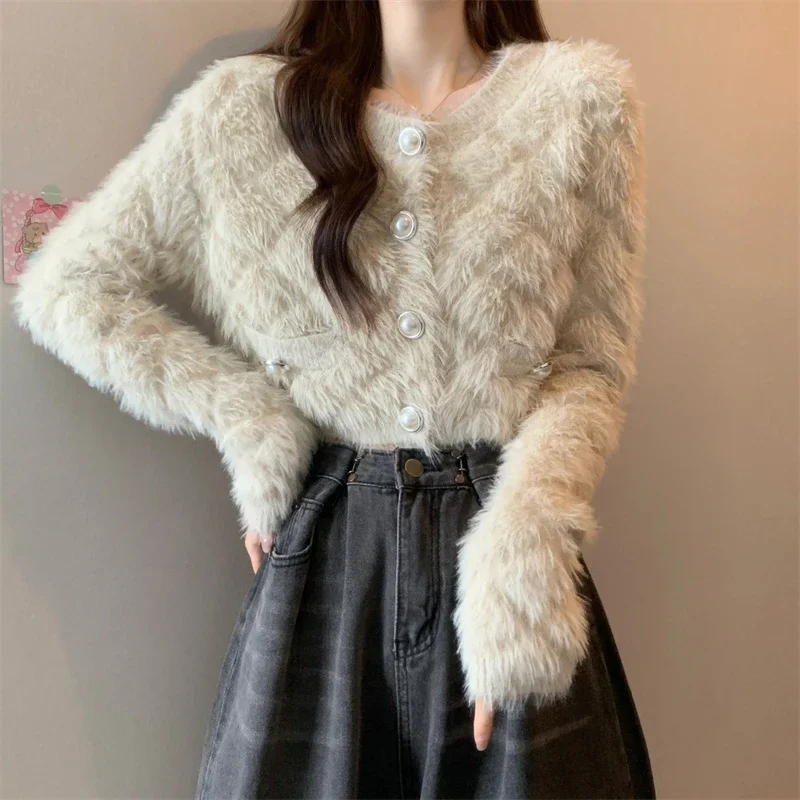 Kimotimo Knitted Cardigan Women 2024 Autumn Winter Round Neck Slim Short Plush Sweater Solid Long Sleeve Gentle Sweet Y2k Tops