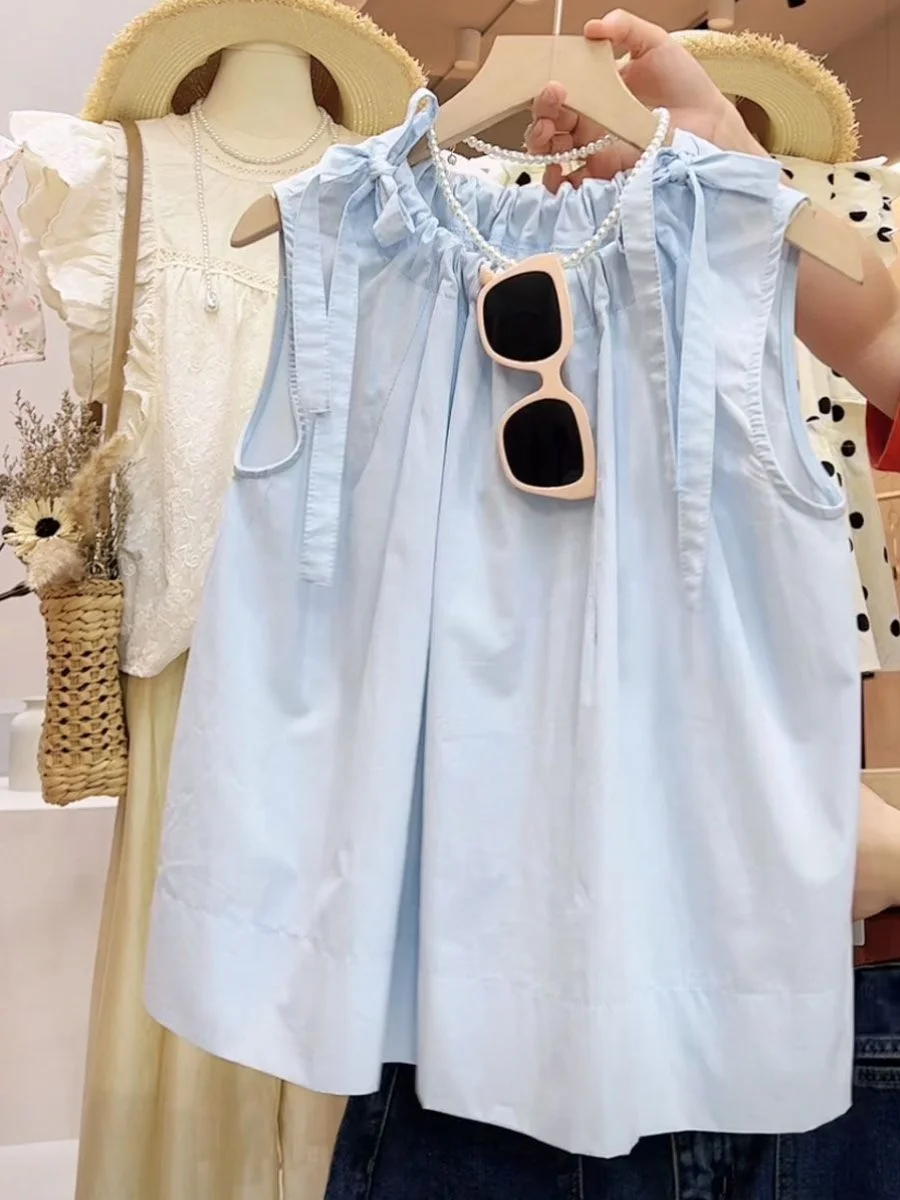 

Синяя женская летняя майка-топ в корейском стиле, повседневная, свободного кроя, из полиэстера, однотонная