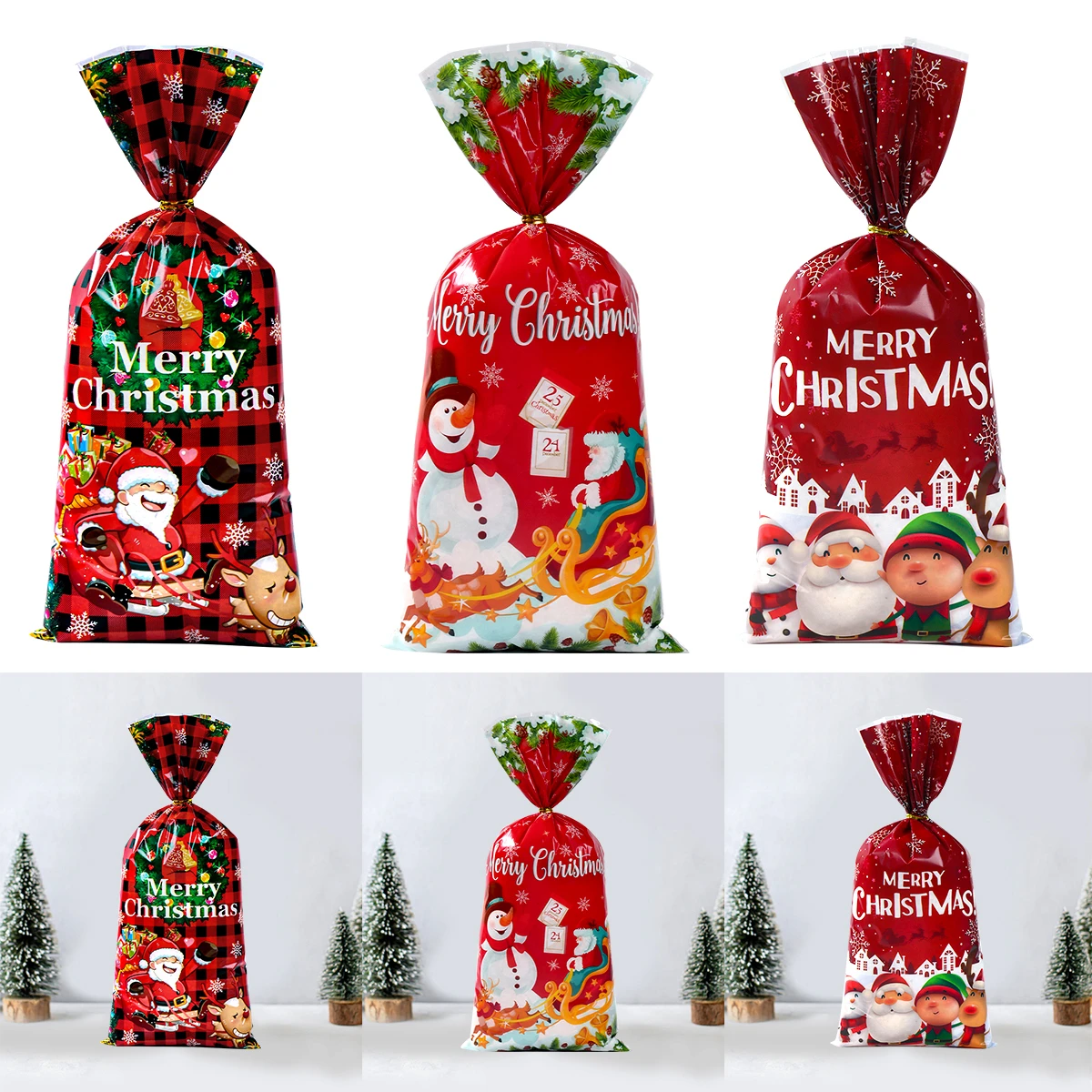 25/50/100pcs Christmas Candy Bag Santa Gift Bag Xmas Decor 2024 Navidad Noel Xmas Gift Bags Christmas Cookies Packing Supplies