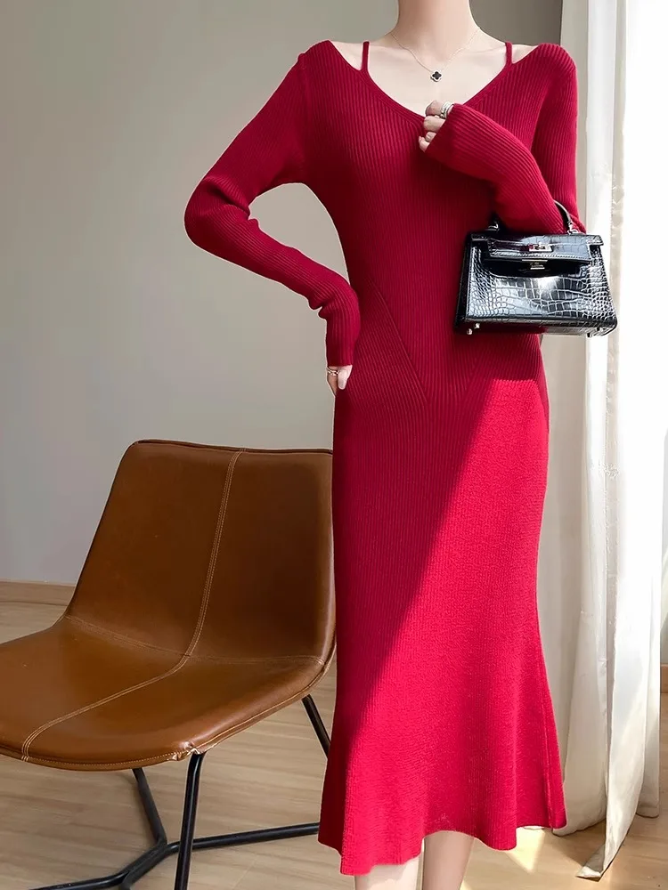 Feminino de malha longa dr emagrecimento interior usar camada base camisola dr cintura alta v-ne midi saia para outono inverno