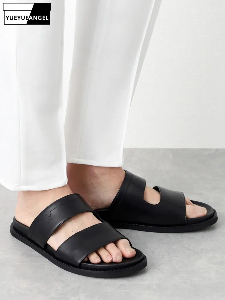 

Concise Male Open Toe High Quality Slip On Genuine Leather Slides Handmade Solid Color Cowhide Breathable Beach Slippers