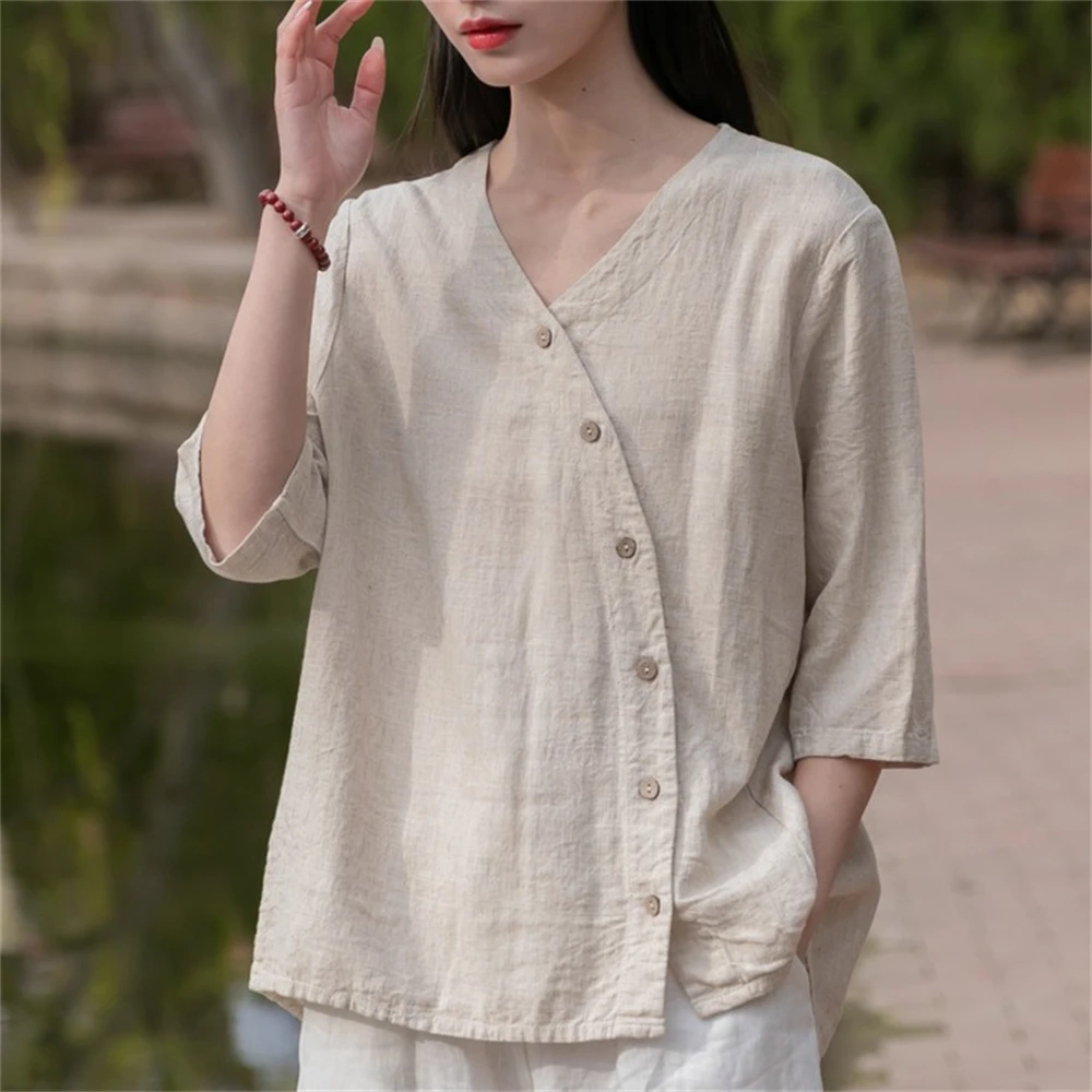 2024 Spring Summer New Cotton Linen Loose Tops Women Casual V-neck Short-sleeved T-shirt Female Solid Color Pullover Shirt Gift