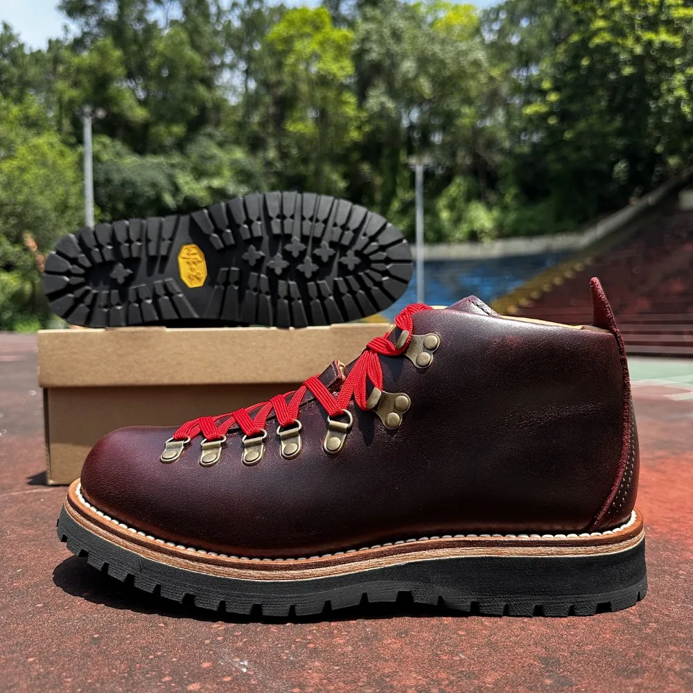Vintage Men's Genuine Leather Goodyear Motorcycle Boots High-top Mountaineering Shoes Western Mid-calf Cowboy Boots