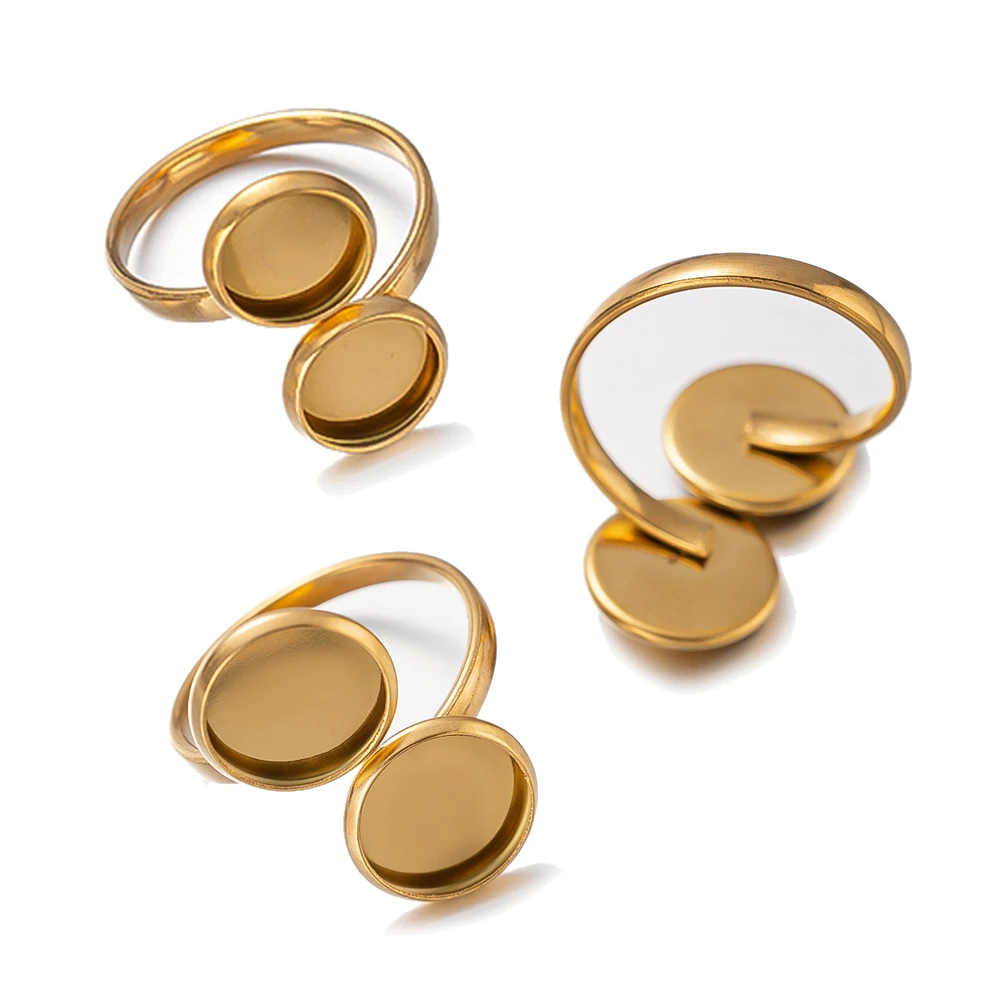5pcs Stainless Steel Gold Plated Adjustable Ring Setting Blank Base Bezel Tray for DIY Finger Jewelry Making Components Findings