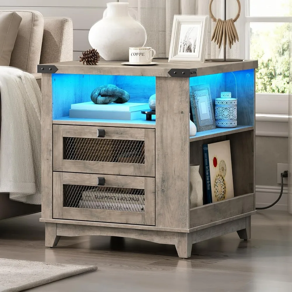 Charging Station Farmhouse End Table, 24-Inch LED-Illuminated Sofa Side Table with Dual Drawers, Side Storage Square Nightstand