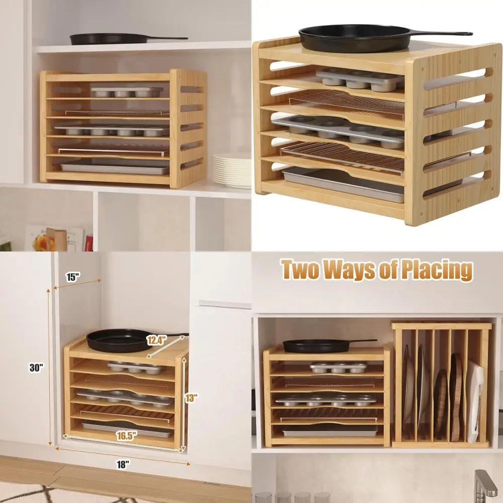 

Vertical Kitchen Storage Rack for Cookie Sheets, Baking Pans, and Cutting Boards with 6-Tier Wooden Tray Dividers