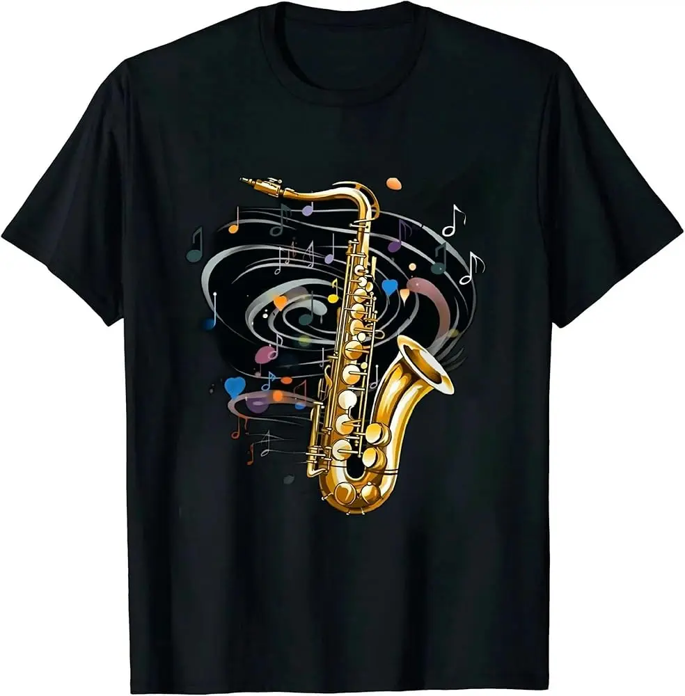 Manga curta Notas Música T-Shirt, Treble Clef, Jazz Músico Saxofone, alta qualidade, 100% Algodão