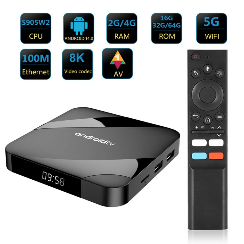 

Android 14 TV Box Bluetooth 5.2 ATV 8K 4K Set Top Box 4 ГБ 64 ГБ AV1 S905W2 Четырехъядерный процессор 2,4G и 5G Двойной Wi-Fi Голосовой удаленный медиаплеер