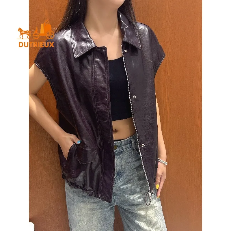 2025 Herbst Damen Leder Weste aus echtem Leder mit zartem Saum und Kordelzug, 100 % echtes Schaffell, exquisiter und eleganter lockerer Mantel