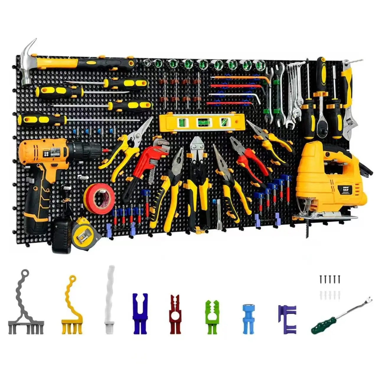 Plastic Pegboard wall storage kit, 6panels black 40 x 91cm, 200accessories, hooks, clips, and boxes, modular tool storage board