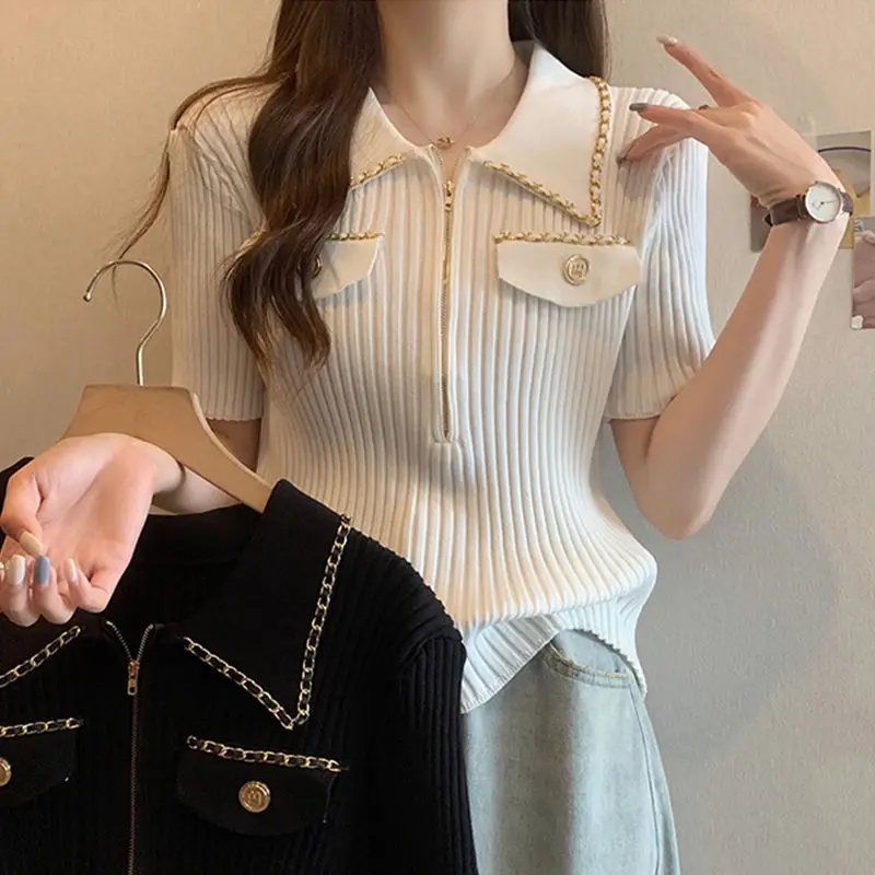 

2025 Women's Cool Knit Polo Shirt Summer Slim French Chic T-Shirt with Zip Collar Casual Short Sleeve Blouse European Design