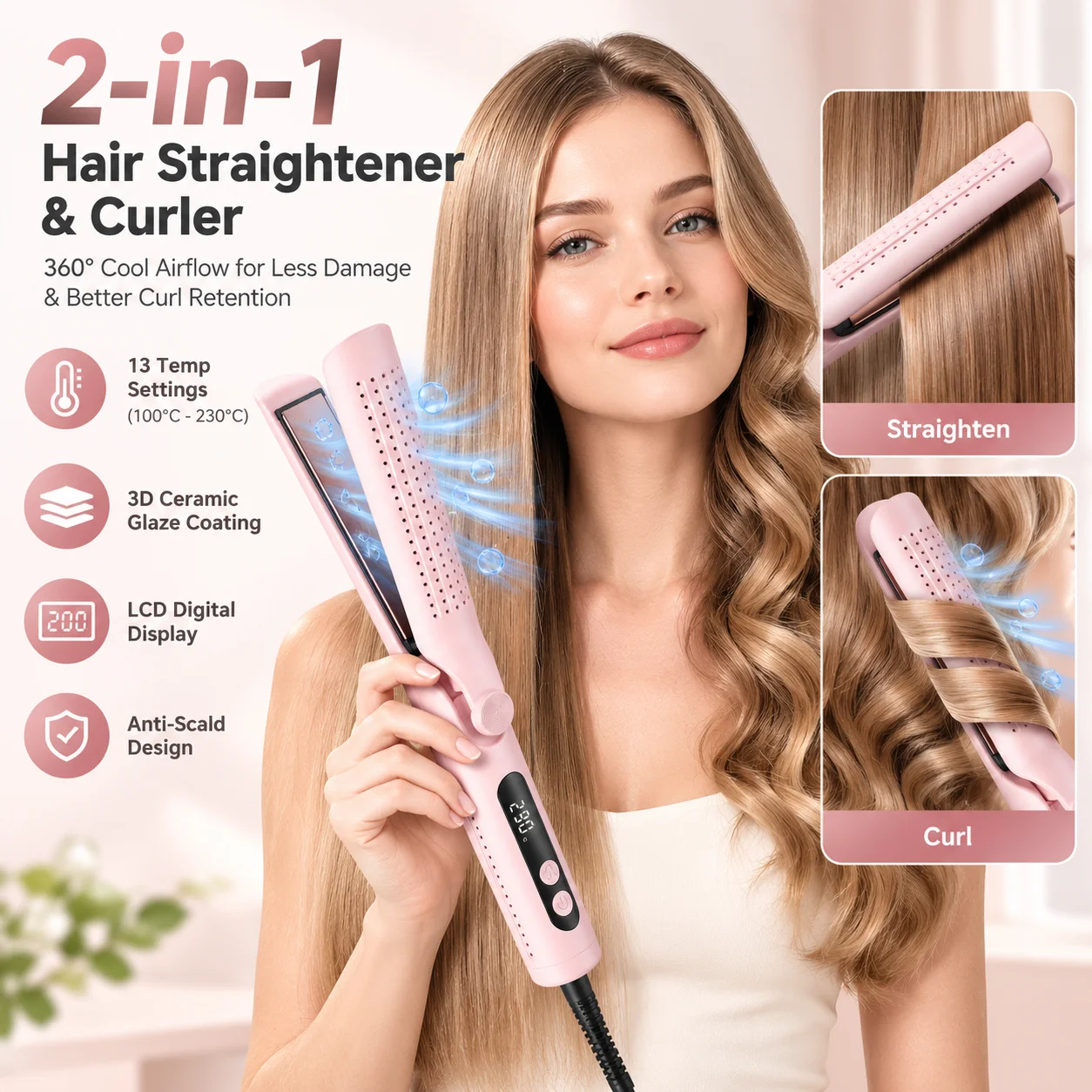 Professional Hair Straightener 2-in-1 Curler Cool Air Straightening Flat Iron Ceramic Glaze Hair LCD Screen Curling Hair 230C