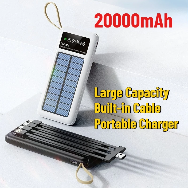 

Solar Power Bank with 3C Certification 20000mAh Large Capacity Built-in Cable Portable Charger