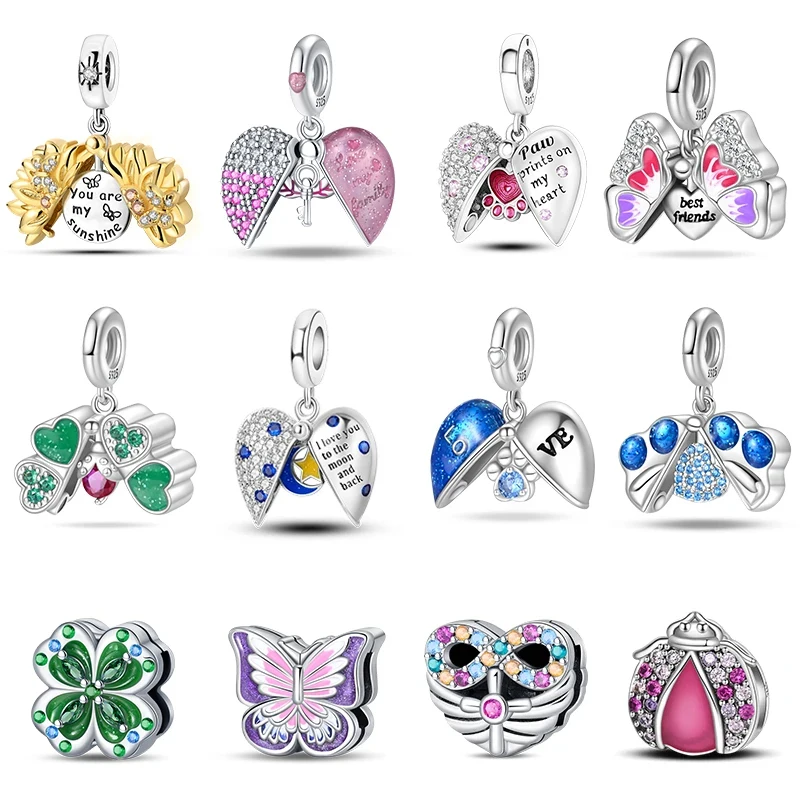 New 925 Sterling Silver Heart Shaped Cat Claw Butterfly Four Leaf Clover Charms Beads Fit Pandach Original Bracelets DIY Jewelry